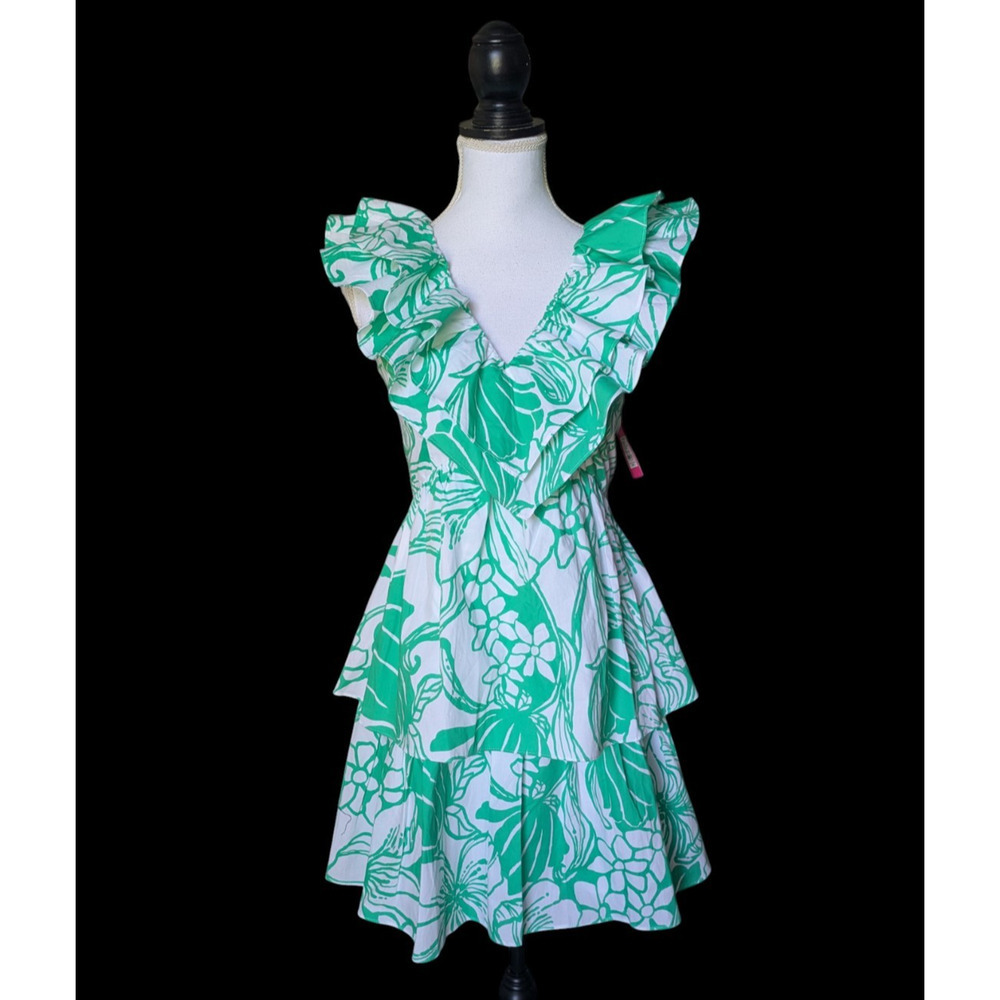Lilly Pulitzer Ritamarie V Neck Cotton Ruffle Dress New Size 00 Spearmint Green